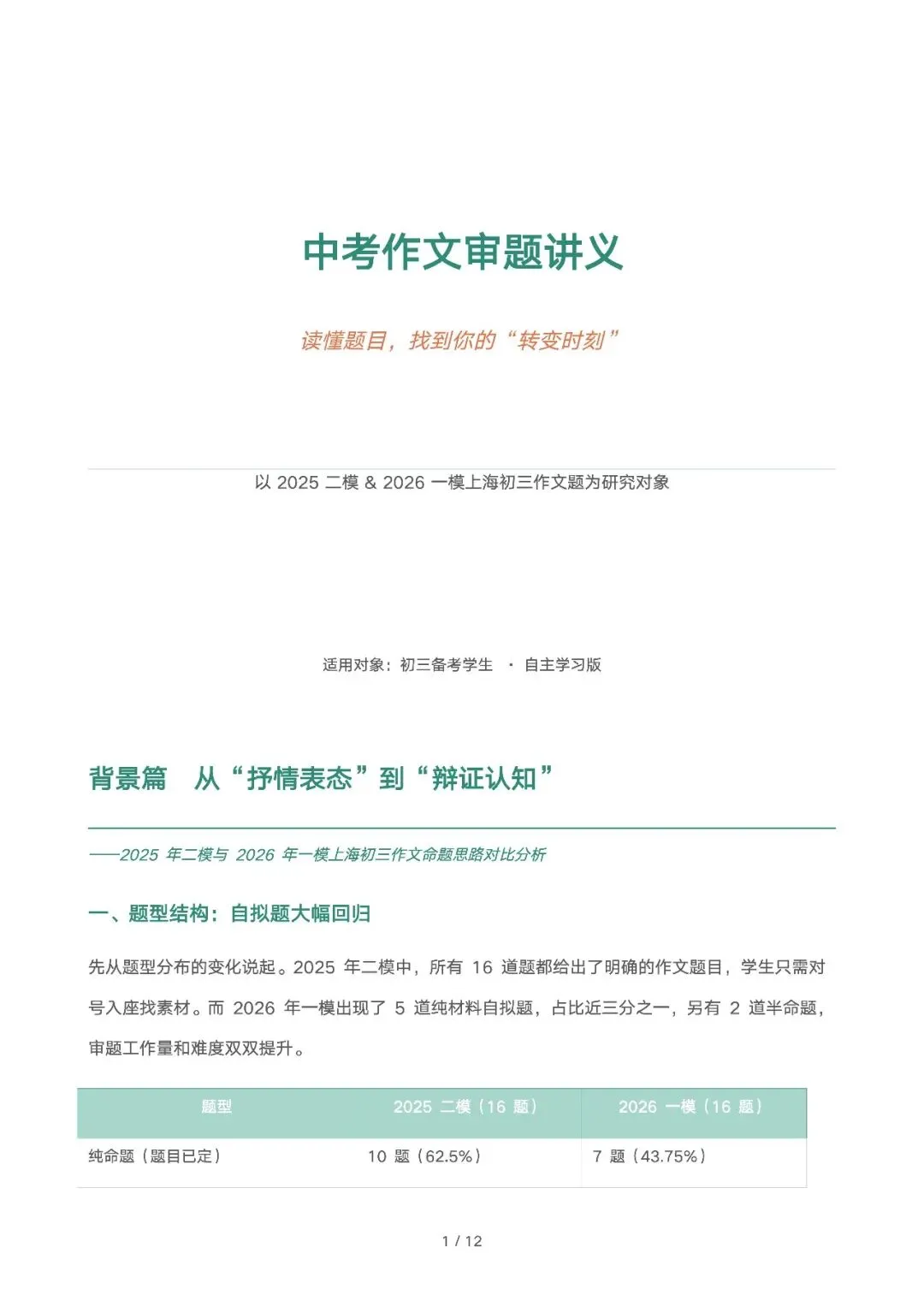 [作文讲义]初三中考模考作文审题核心讲义:找准认知转变,破解命题新趋势 第1张