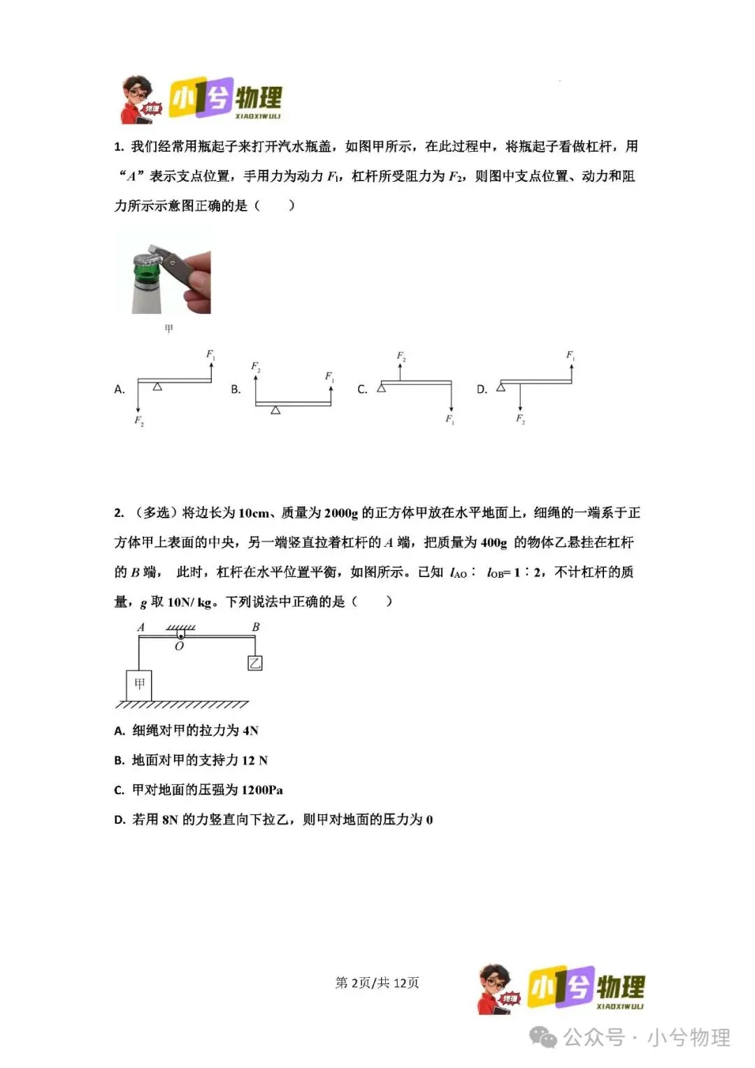 初中物理压轴易错题《中考冲刺必刷题》:杠杆 第4张