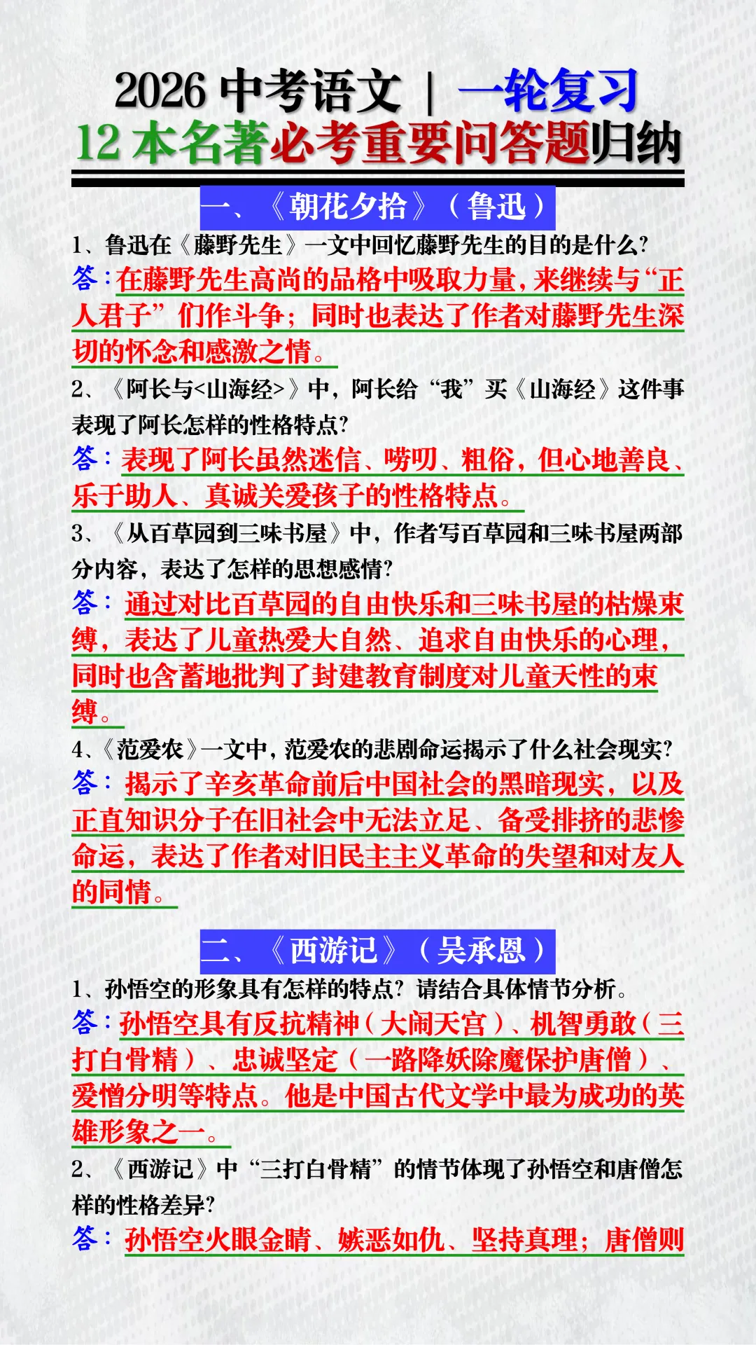 中考语文12本名著必考重要问答题归纳!每道都含采分关键词,背完直接套! 第3张