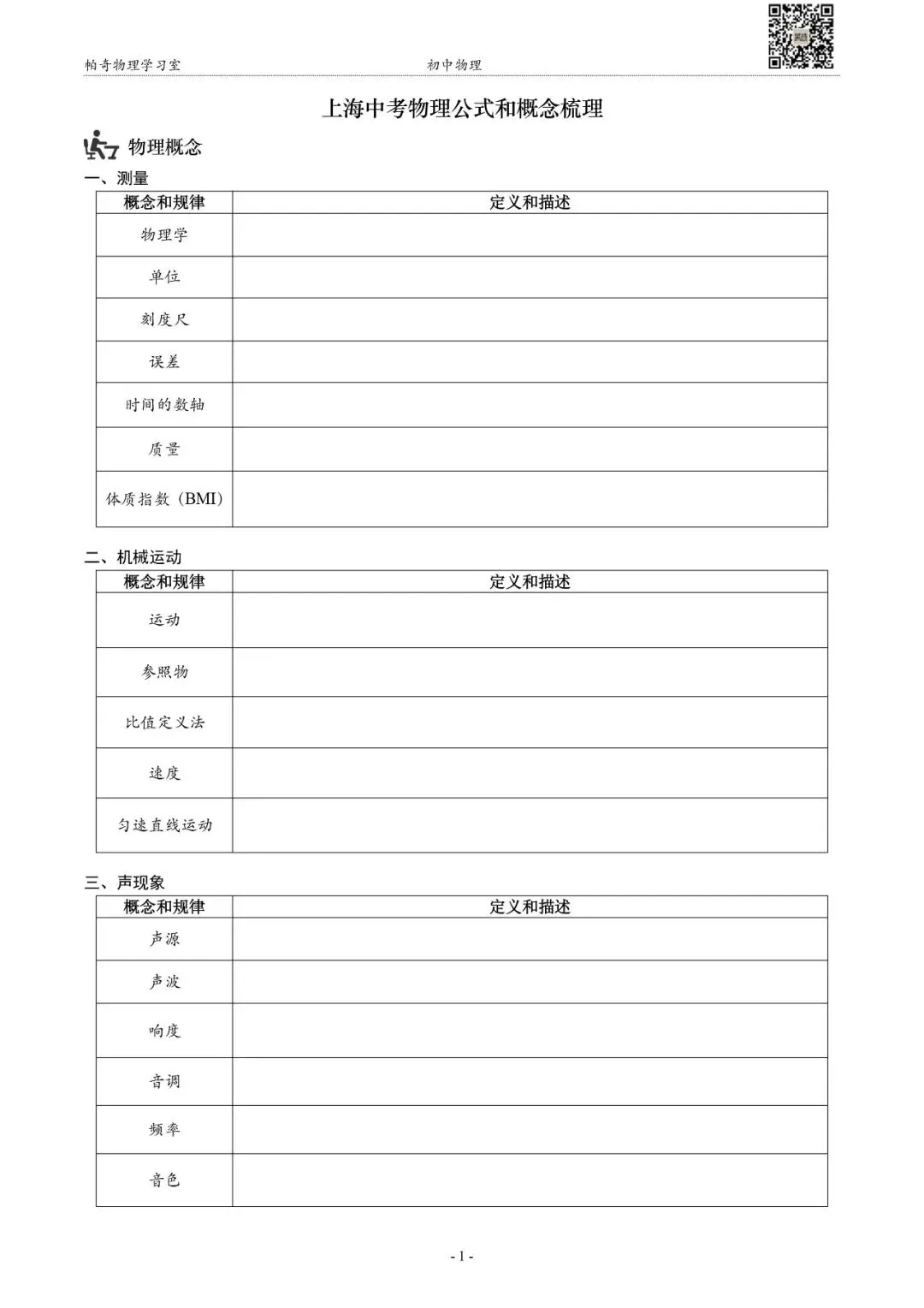 【中考物理】中考物理基本概念和公式梳理(空白) 第2张