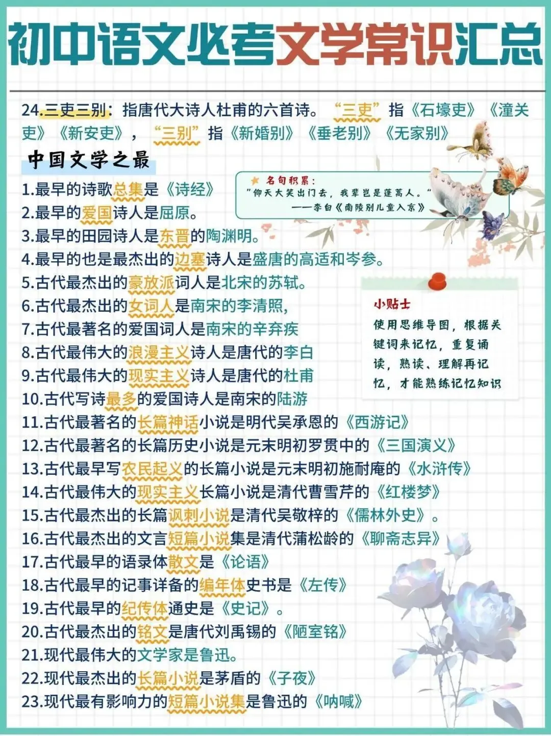 初中中考语文必考文学常识汇总,你能记住多少?保存分享给孩子,电子版可打印 第5张