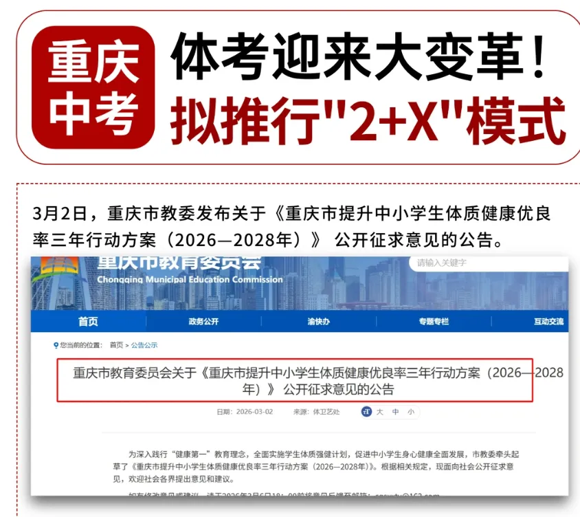 重磅!重庆中小学每天要动2小时!中考体育大变革,拟实行“2+X”模式 第1张