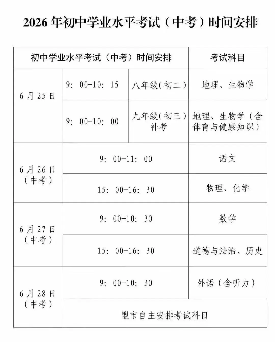 2026年初中学业水平考试(中考)时间安排 第1张