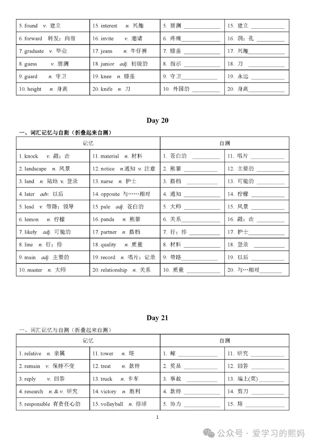 中考英语核心高频词汇480个(24天背诵+默写)--可打印,英语提升 第15张