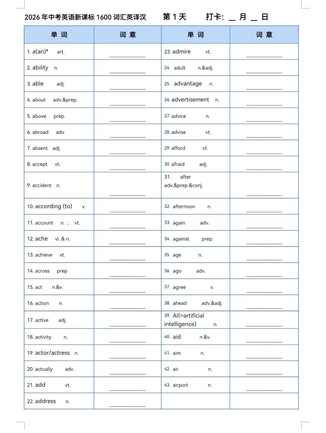 2026中考英语必背1600词汇(英译汉+汉译英)第1天 第1张