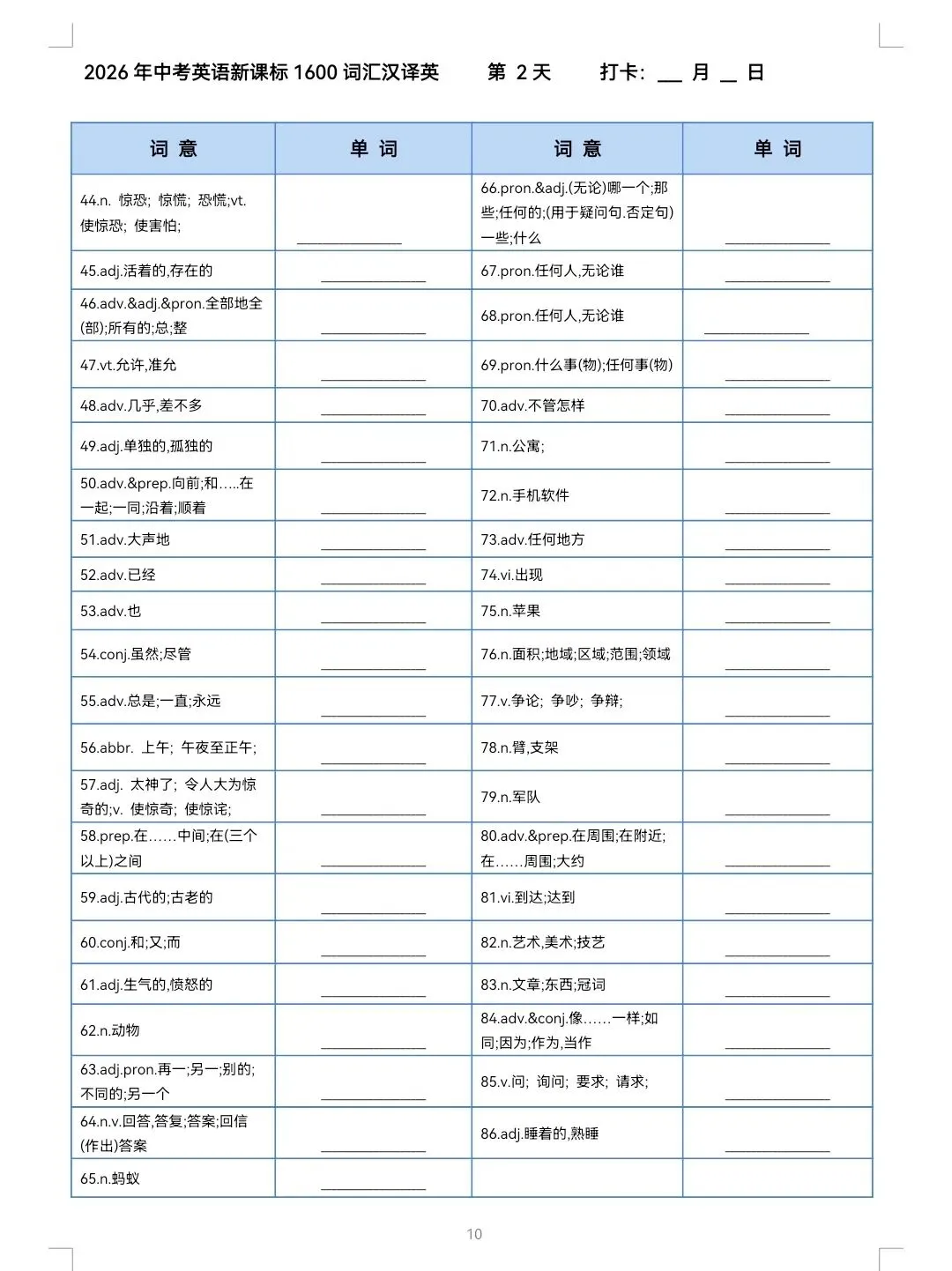 2026中考英语1600词提前背!第2天打卡表+三层练习,吃透稳拿高分! 第2张