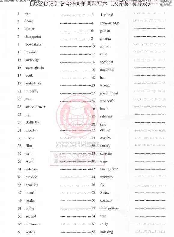 【最新】中考必考3500词汇 单词默写本 英译汉 汉译英 填空版 带答案 第3张