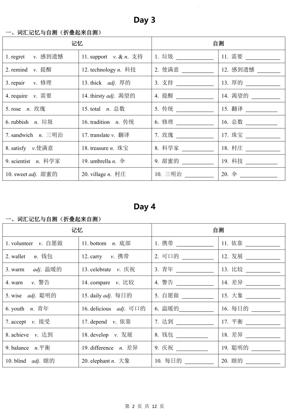 【福利资料】准中考生都在用!中考核心高频词24天背默小纸条(含原文档) 第4张