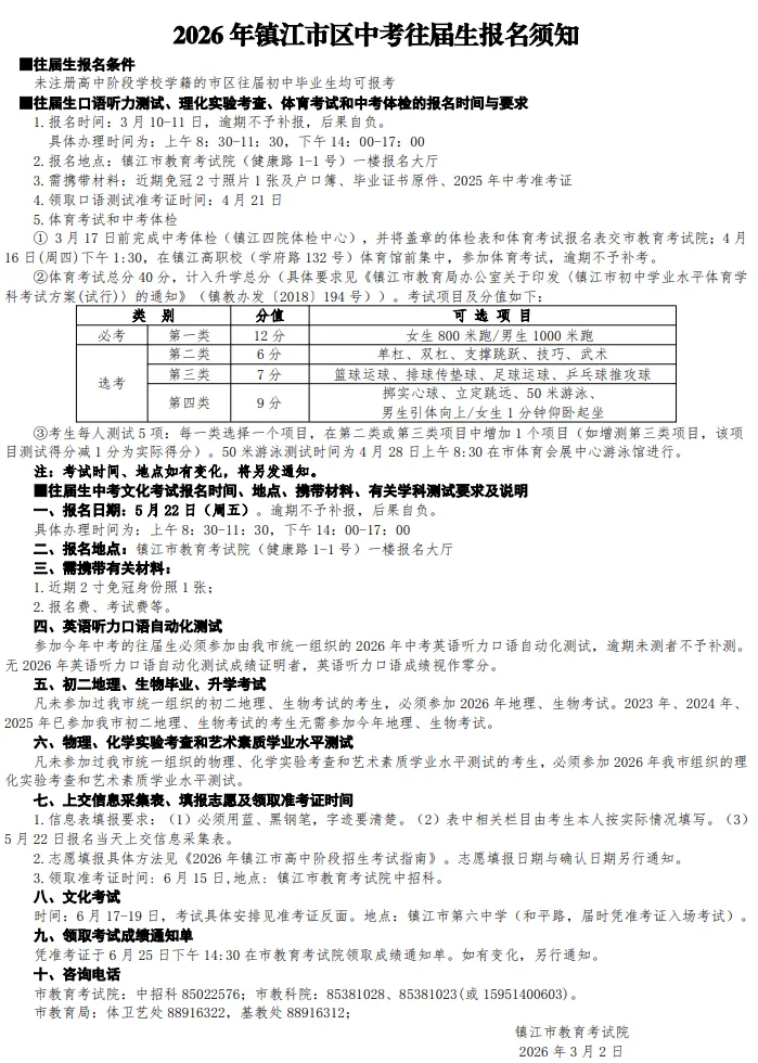 2026年镇江市区中考往届生、回考生报名须知 第2张