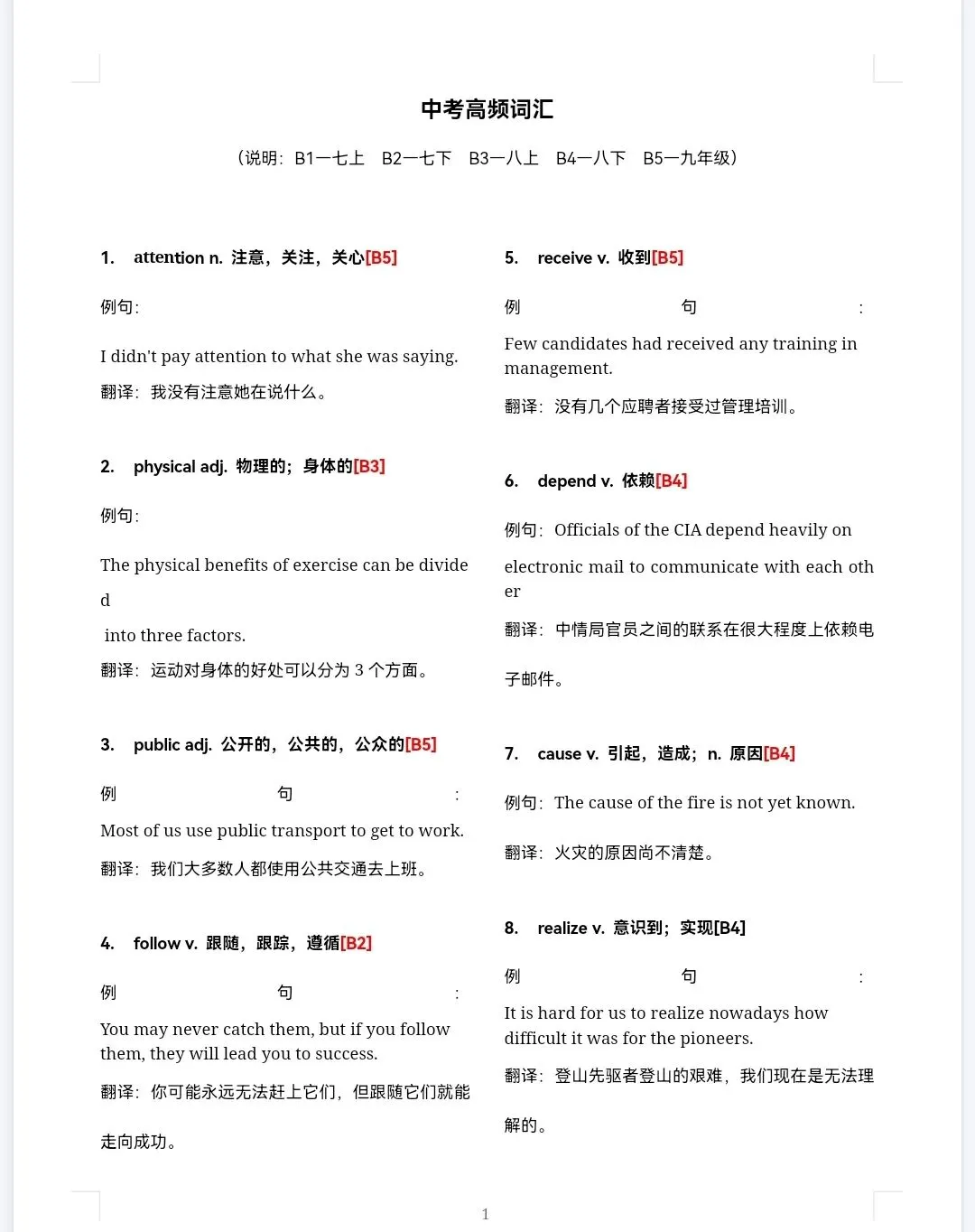 中考英语必考高频词汇例句版 第1张