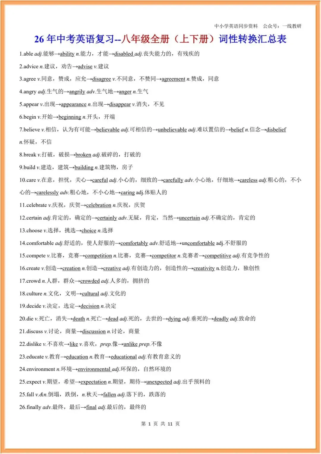 词性转换 | 26年中考英语复习--词性转换汇编(中考汇总+人教七八九年级分册汇总) 第20张