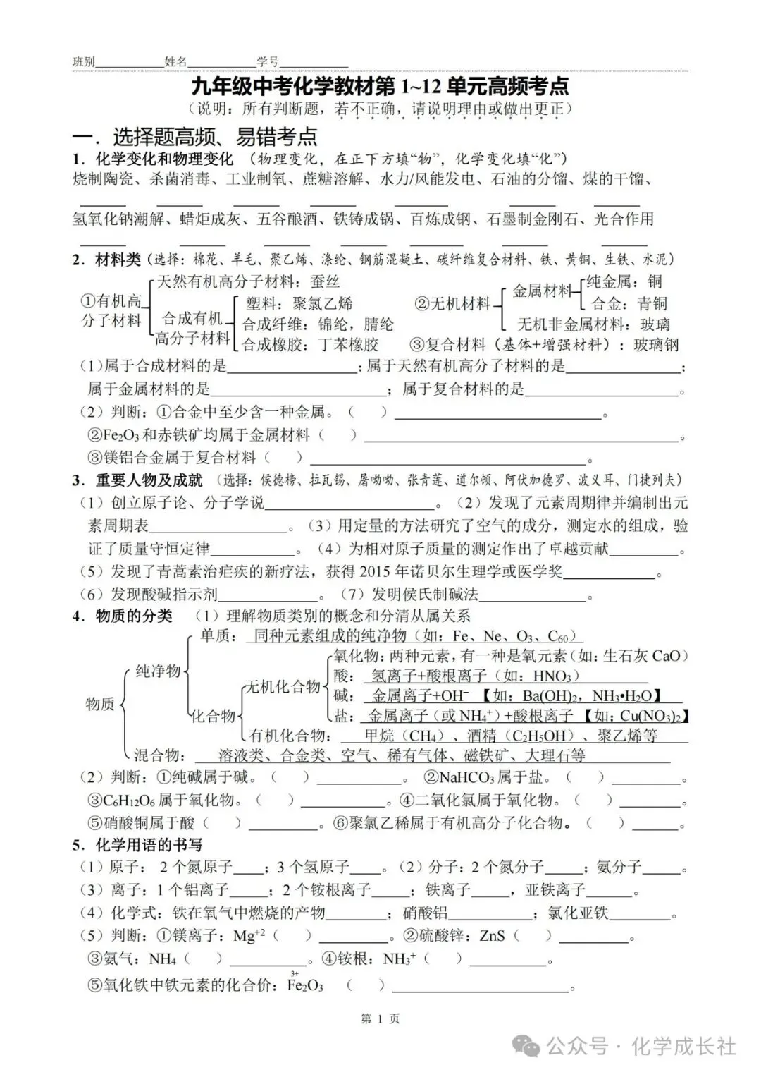 中考化学:初中化学1-12单元复习【终极秘籍】默写版 第1张