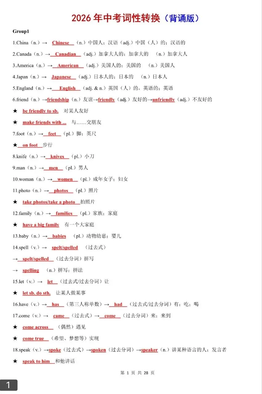 2026中考必背高频词性转换汇总背诵版+默写版(可下载) 第1张