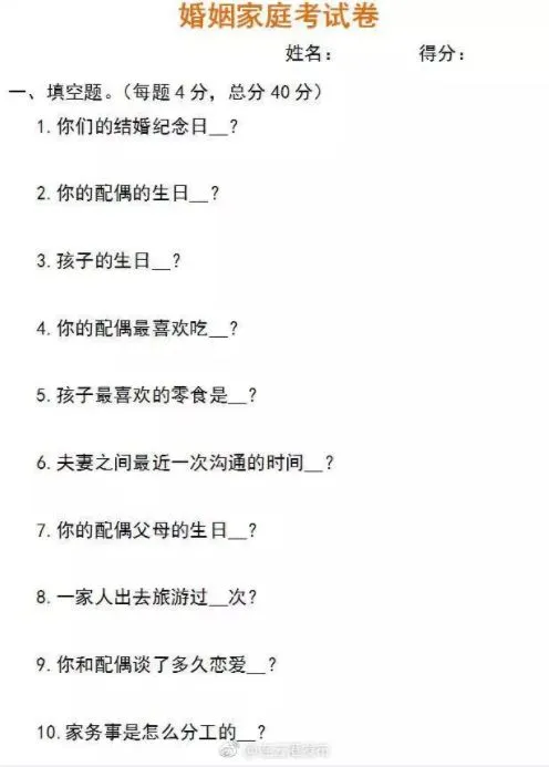 【荐读】“离婚试卷”火了!80后夫妻做完,女100分男0分!网友炸锅了 第2张