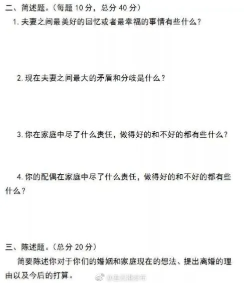 【荐读】“离婚试卷”火了!80后夫妻做完,女100分男0分!网友炸锅了 第3张