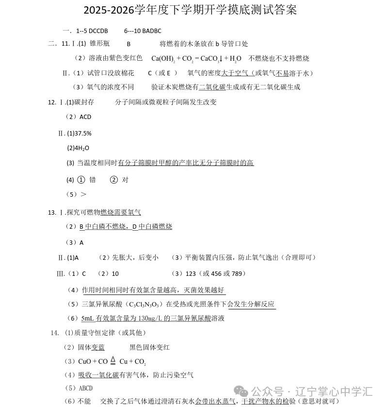 2026年3月鞍山东方中学九年化学期初试卷+答案 第8张