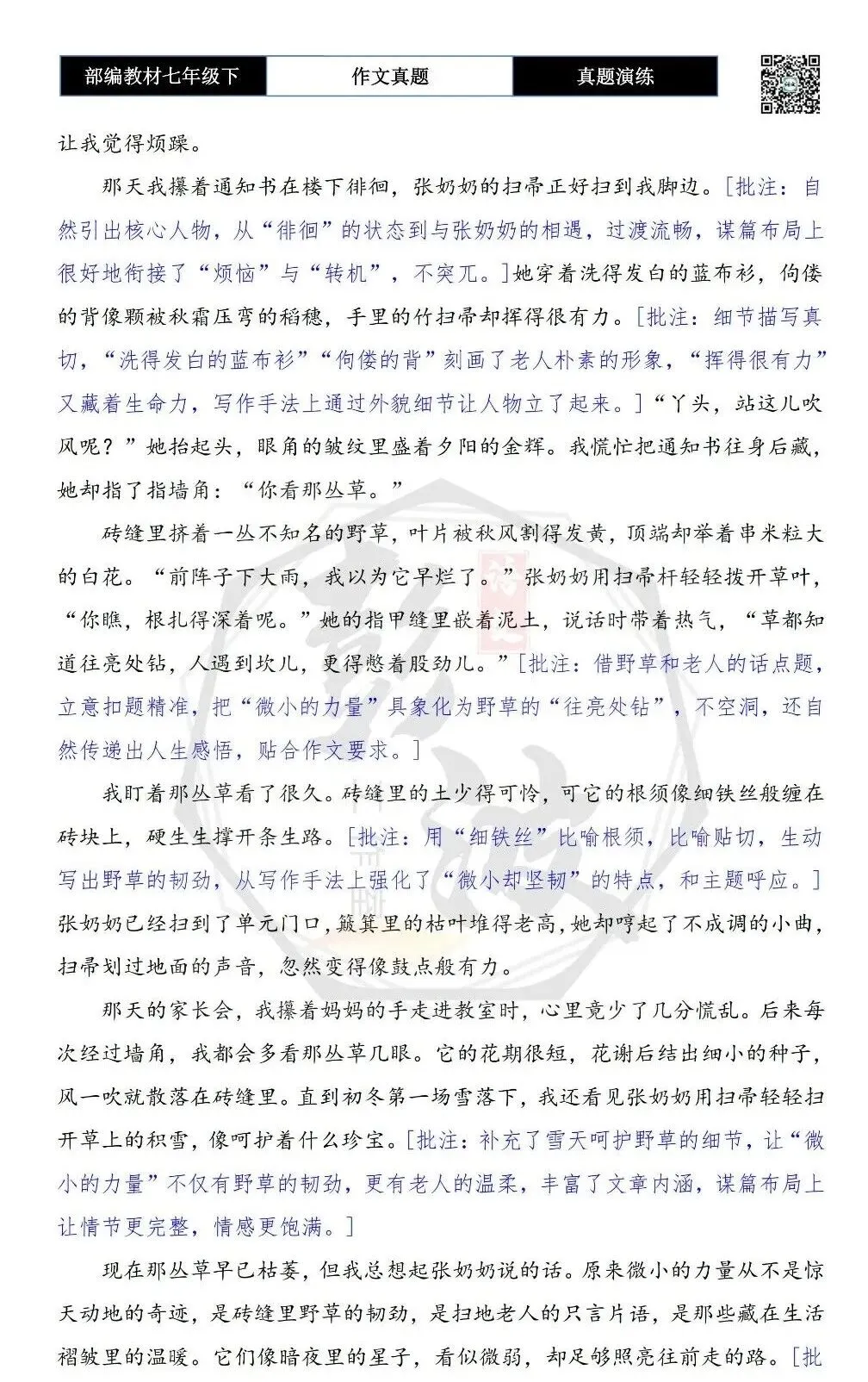 【作文-真题演练】七年级下-16-微小的力量-思维导图+解析+范文批注指导 第7张