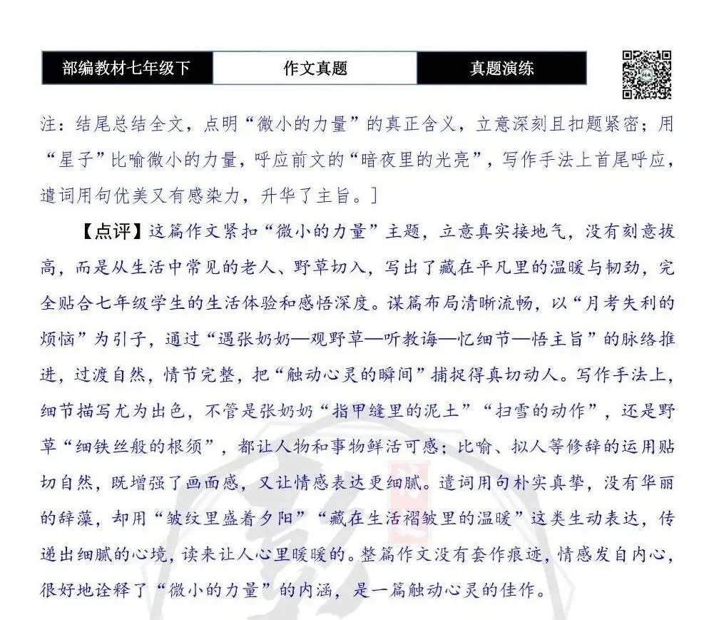 【作文-真题演练】七年级下-16-微小的力量-思维导图+解析+范文批注指导 第8张