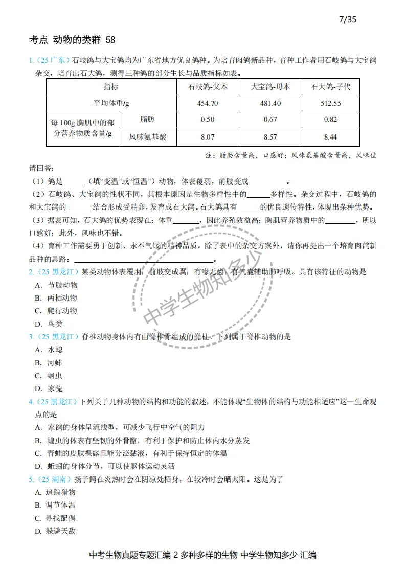 2026年中考生物备考必刷真题:多种多样的生物-学生版第7-9页——新版初中生物讲义配套习题 第1张