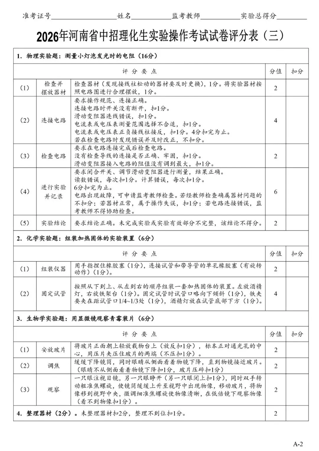 2026郑州中考理化生实验操作考试试卷及对应评分细则 第9张