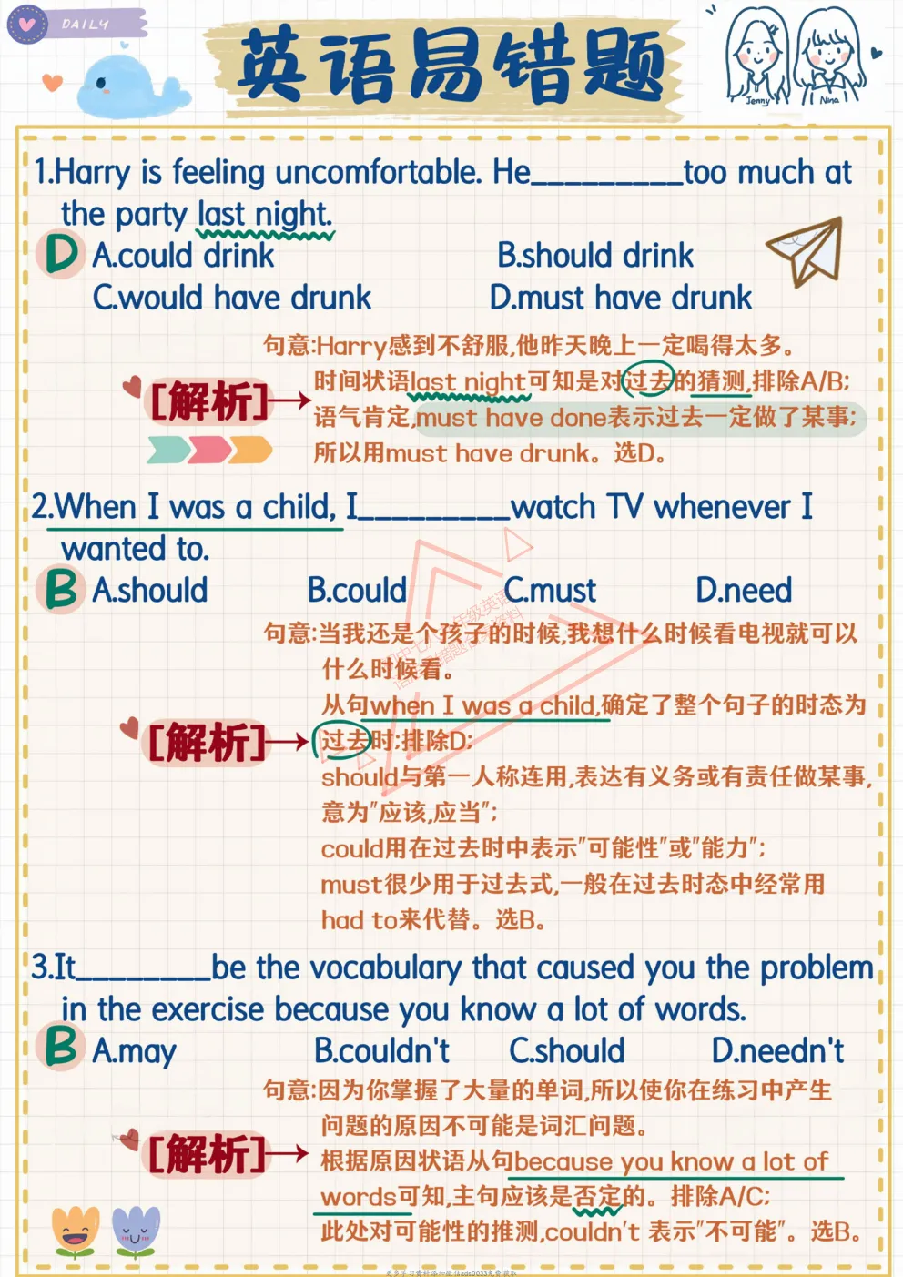 2026年中考英语初中七八九年级英语语法易错题: 英语易错题-情态动词表推测,易错题专练【共33个专题】考前必刷【免费下载打印】 第5张