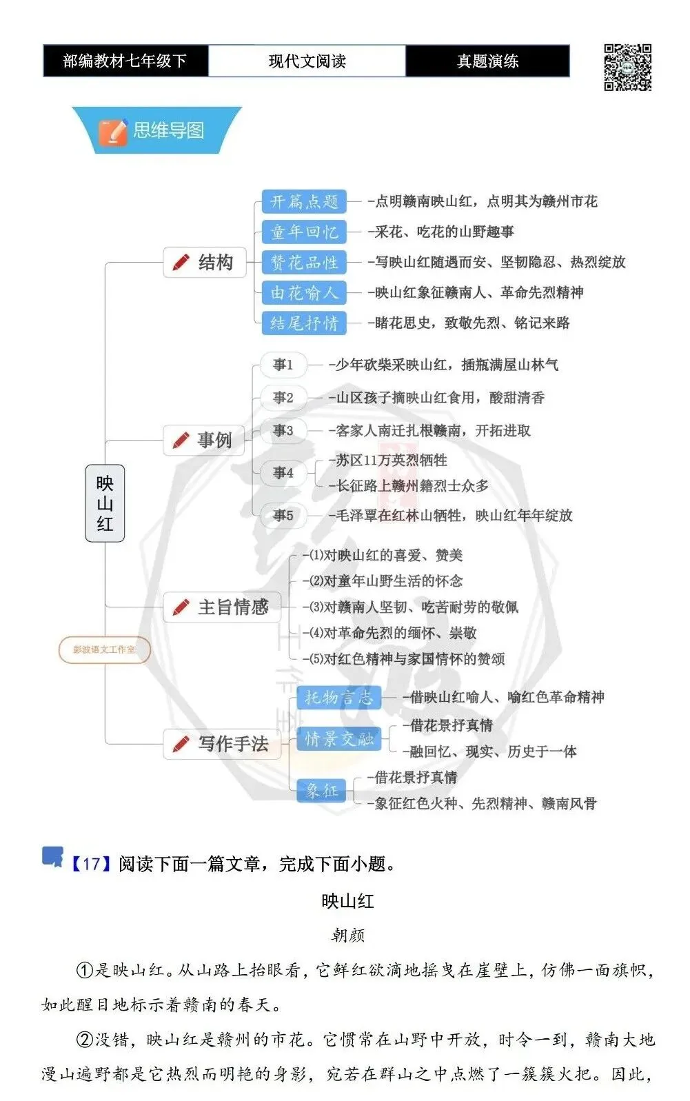 【现代文阅读-真题演练】七年级下-17-映山红-思维导图+试题精析 第5张