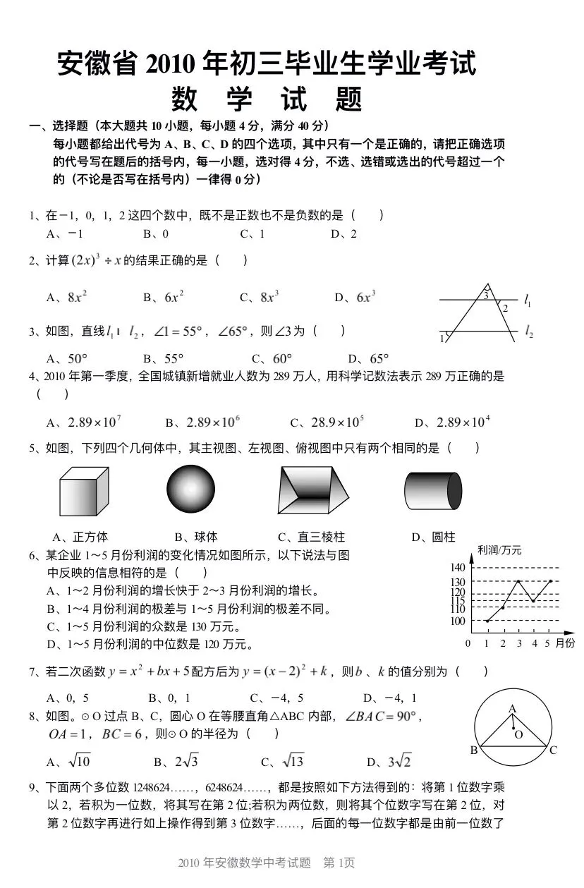 (中考真题卷3)2010年安徽省中考数学真题卷 第2张