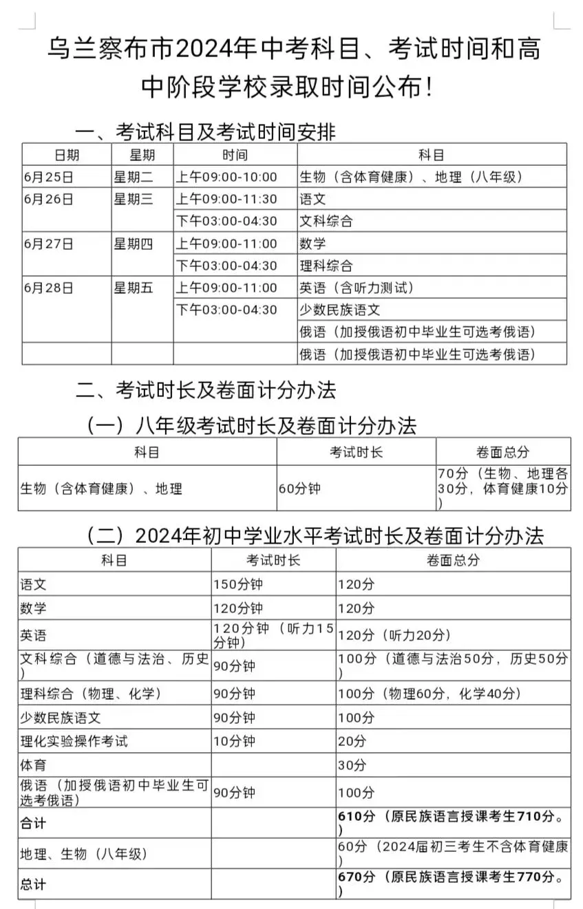【通告】乌兰察布市2024年中考科目、考试时间和高中阶段学校录取时间公布! 第2张