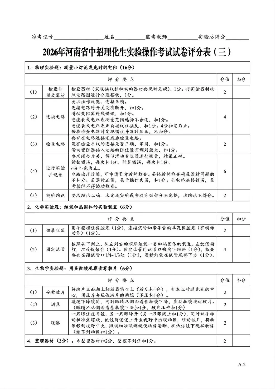 2026年河南省中招理化生实验操作考试试卷AB+CD、评分表、演示视频、操作手册全文下载 第8张