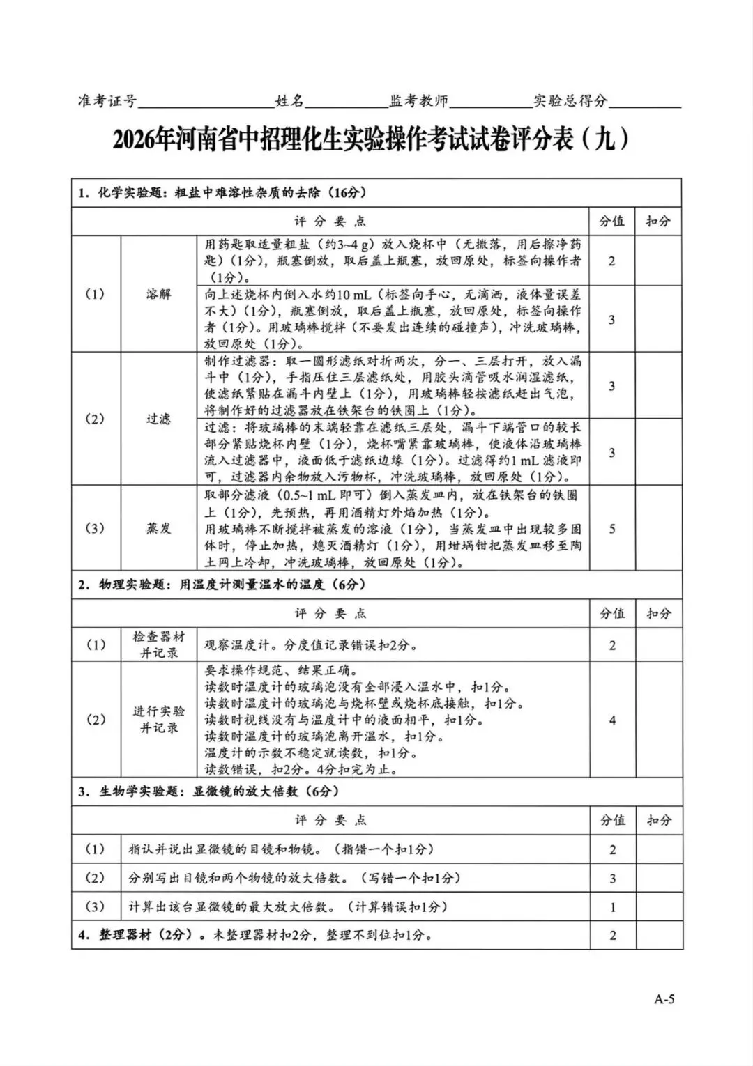 2026年河南省中招理化生实验操作考试试卷AB+CD、评分表、演示视频、操作手册全文下载 第11张