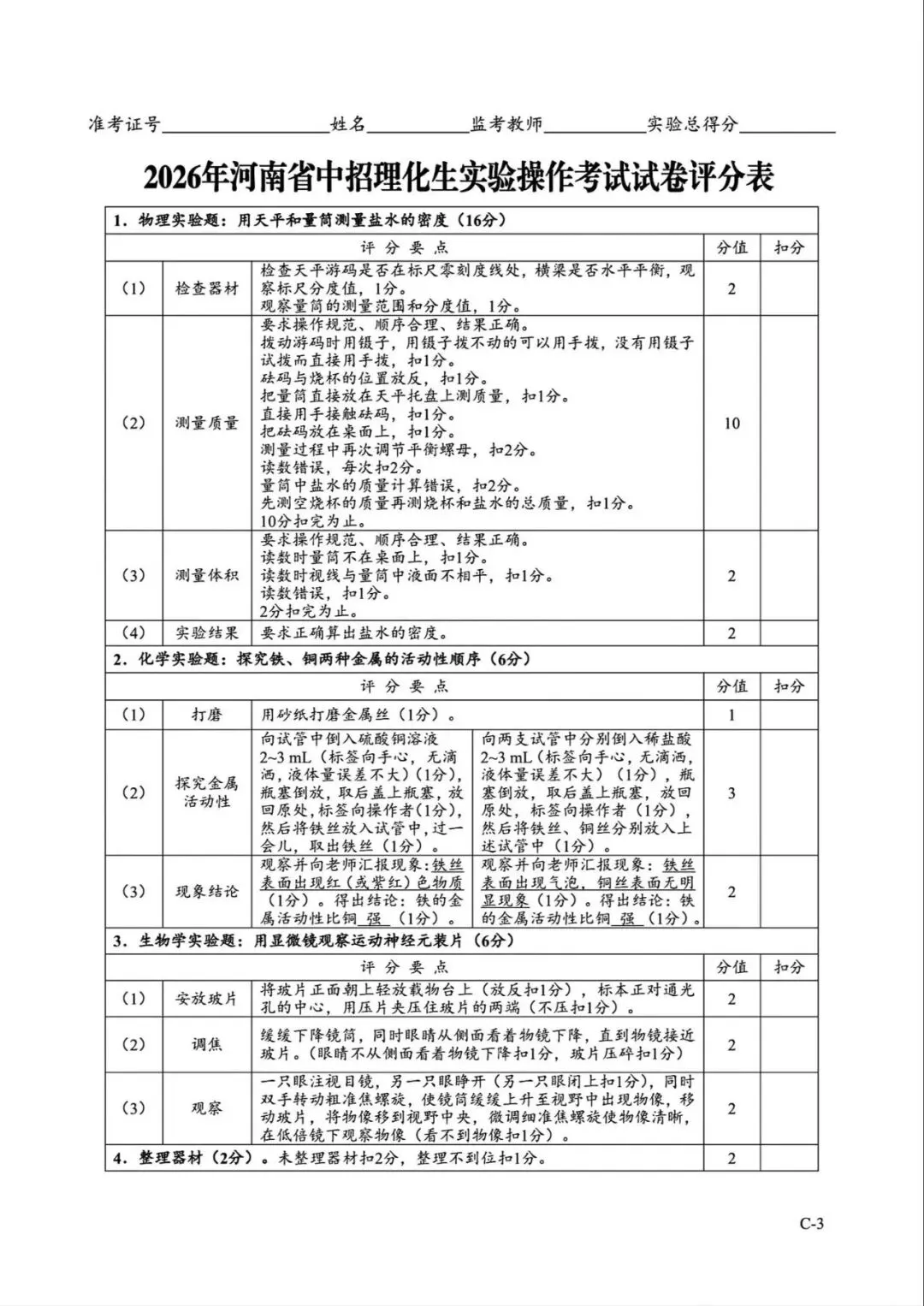 2026年河南省中招理化生实验操作考试试卷AB+CD、评分表、演示视频、操作手册全文下载 第33张