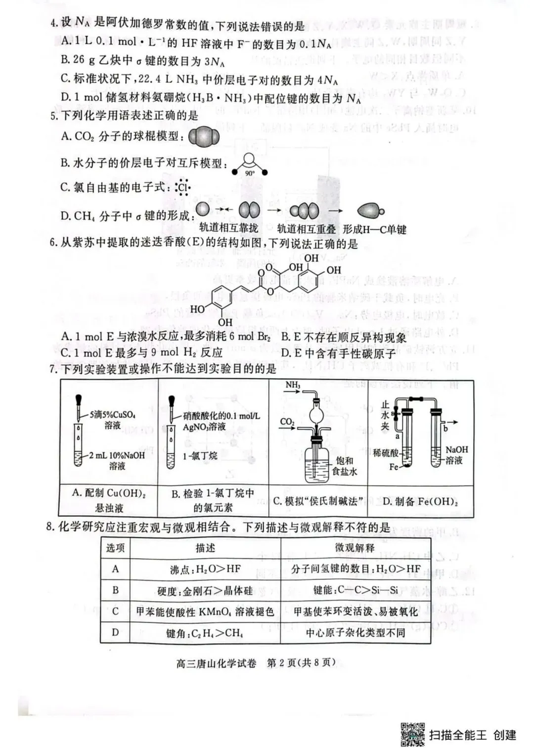 2026届唐山高三下学期一模化学试卷 第2张