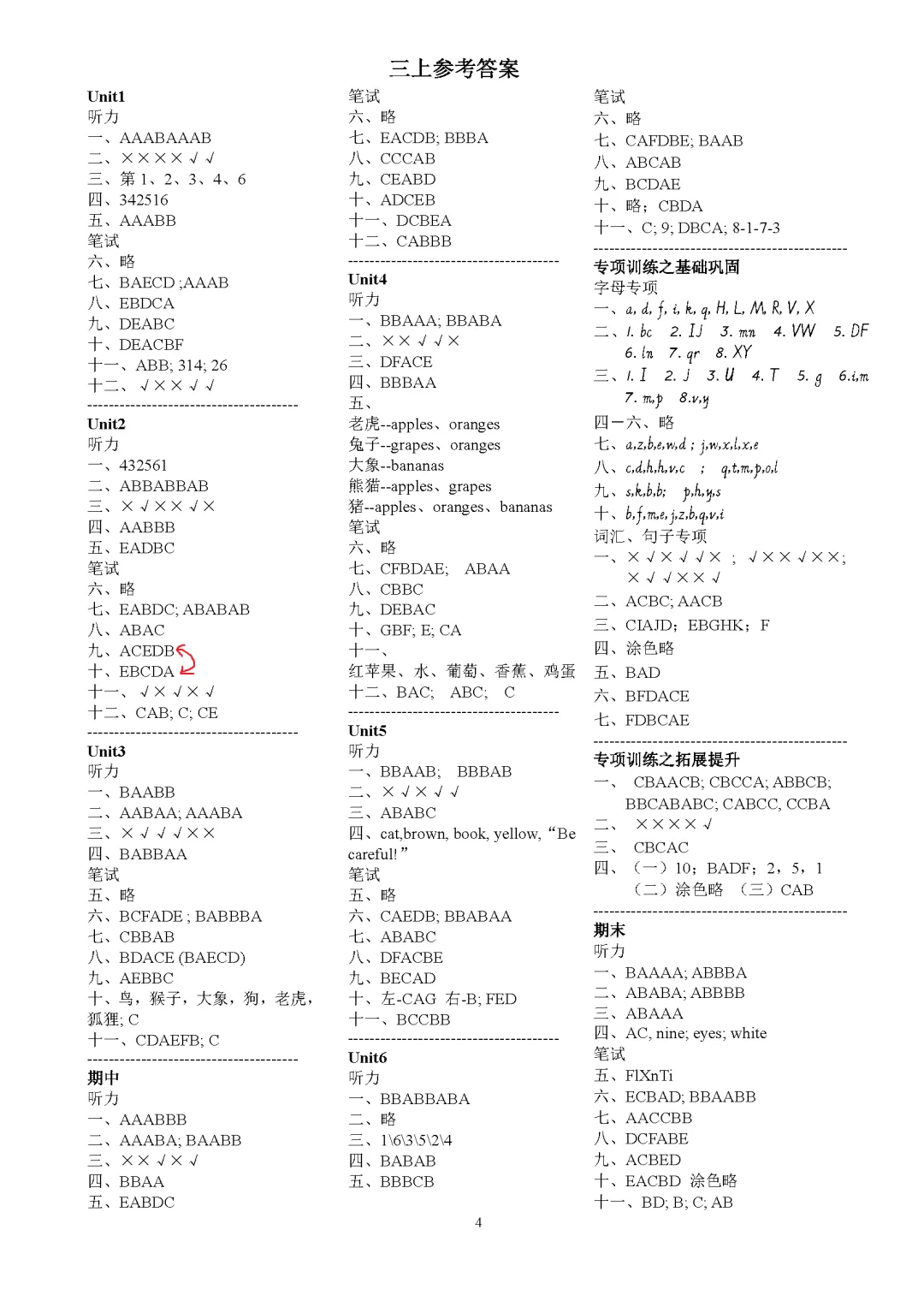 PEP英语(三上)单元试卷 听力音频+参考答案 第4张