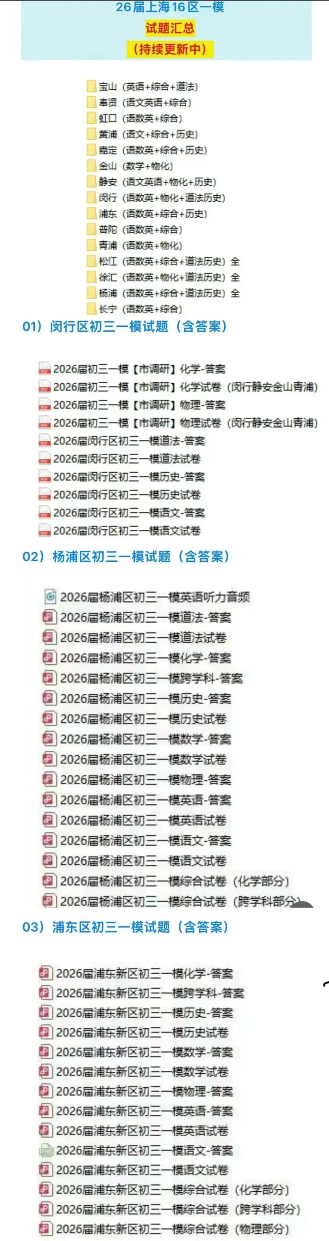 上海市初三一模【全科】试卷 +答案汇总合集|高清电子版可打印! 第4张