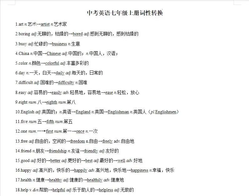 初中中考英语冲刺-词性转换归纳+专题练习下载 可打印 第15张