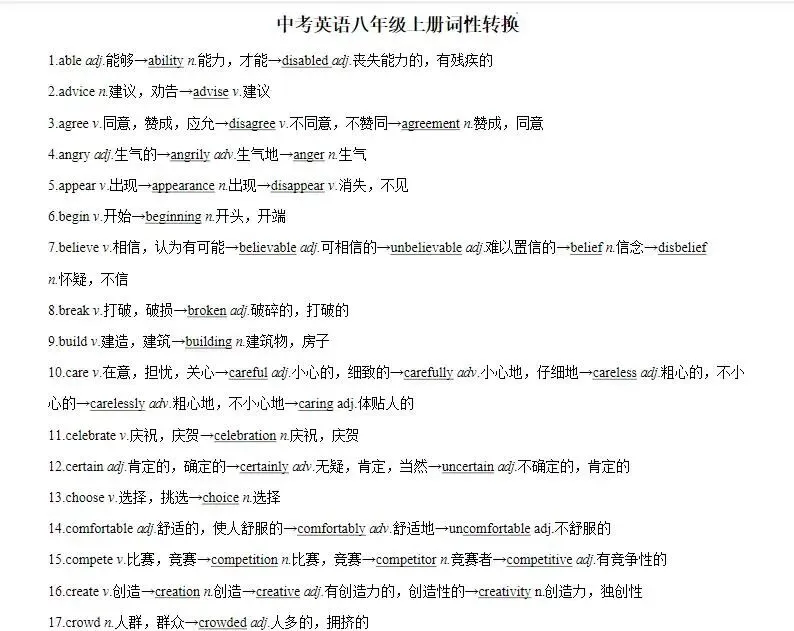 初中中考英语冲刺-词性转换归纳+专题练习下载 可打印 第17张