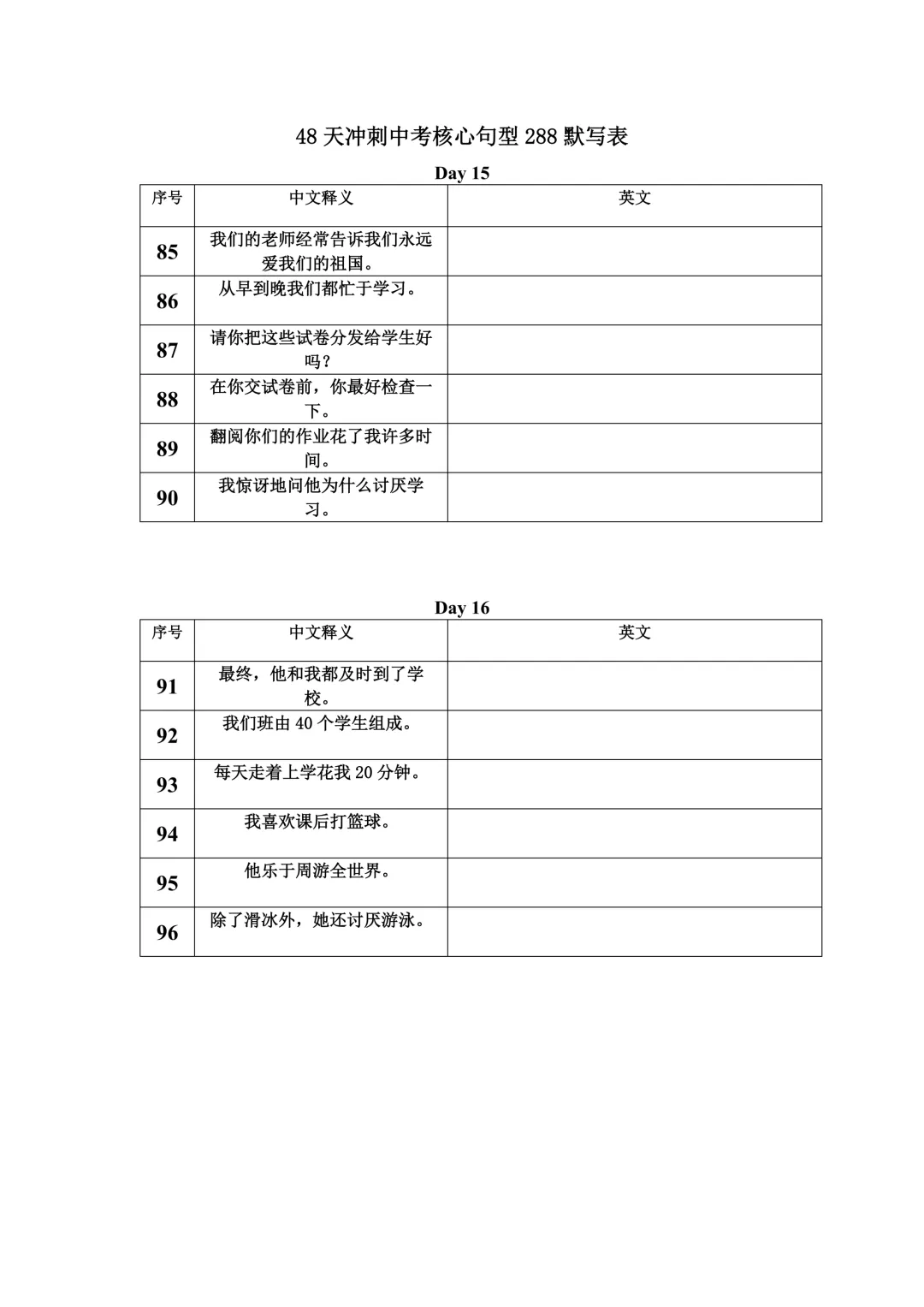2026年中考冲刺48天核心句型默写表,文末有完整电子,建议家长打印,学霸人手一份 第6张