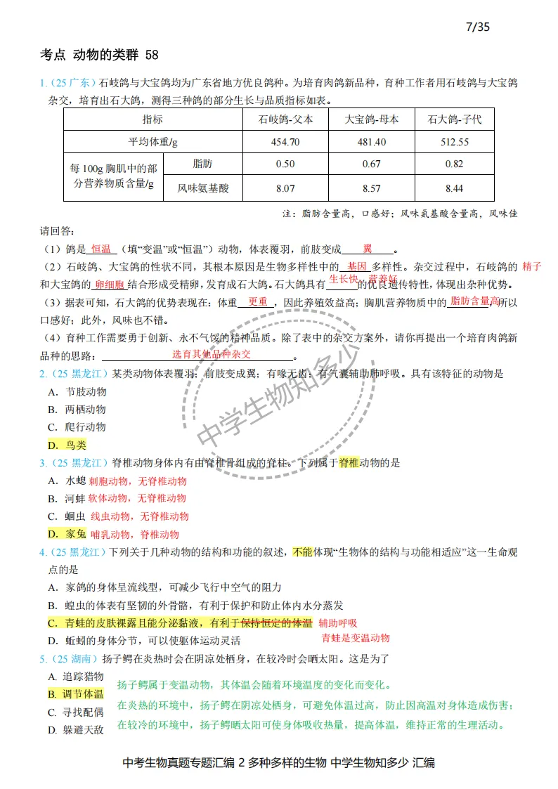 2026年中考生物备考必刷真题:多种多样的生物-教师版第7-9页——新版初中生物讲义配套习题 第1张