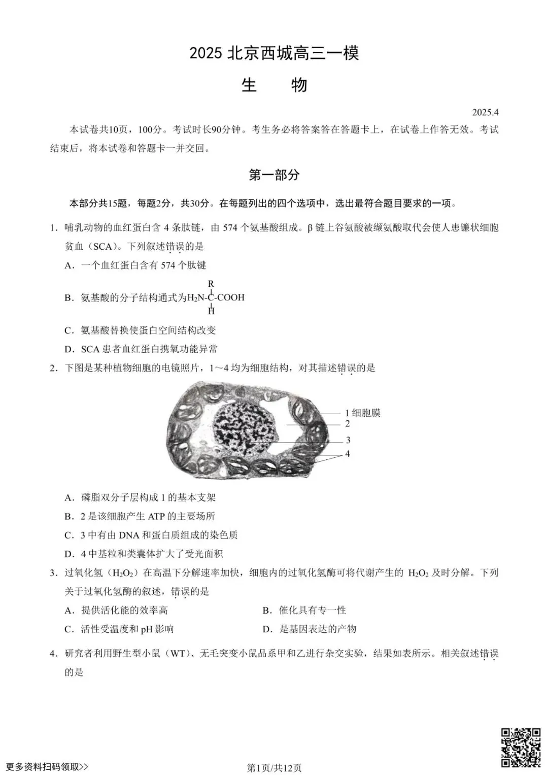 2025北京西城高三一模生物试卷(含答案) 第1张
