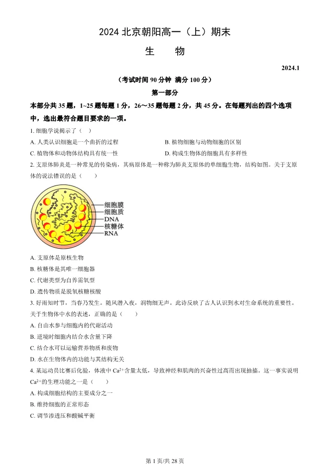 2024北京朝阳高一上册期末生物试卷(有答案)【可下载】 第1张