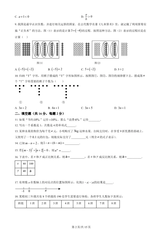 2024北京陈经纶中学初一上册期中数学试卷(有答案)【可下载】 第2张