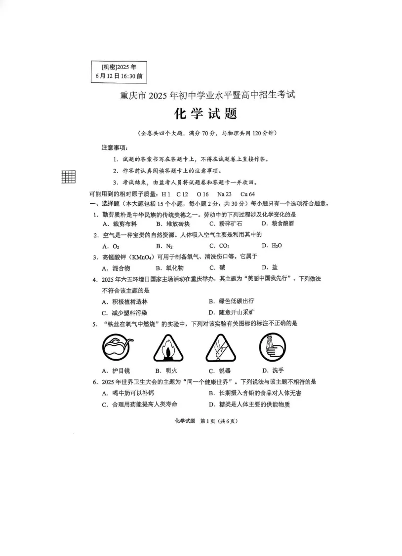 【2025年重庆市中考真题】重庆市中考真题试卷及答案解析、PDF版免费分享 第7张
