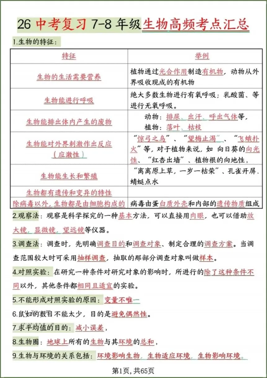 中考生物|2026春《生物会考》中考复习7-8年级高频知识点考点汇总(背诵+默写版)电子版可下载打印! 第3张