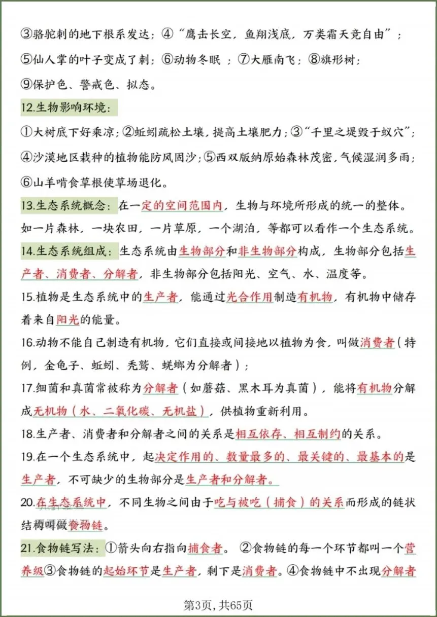 中考生物|2026春《生物会考》中考复习7-8年级高频知识点考点汇总(背诵+默写版)电子版可下载打印! 第5张