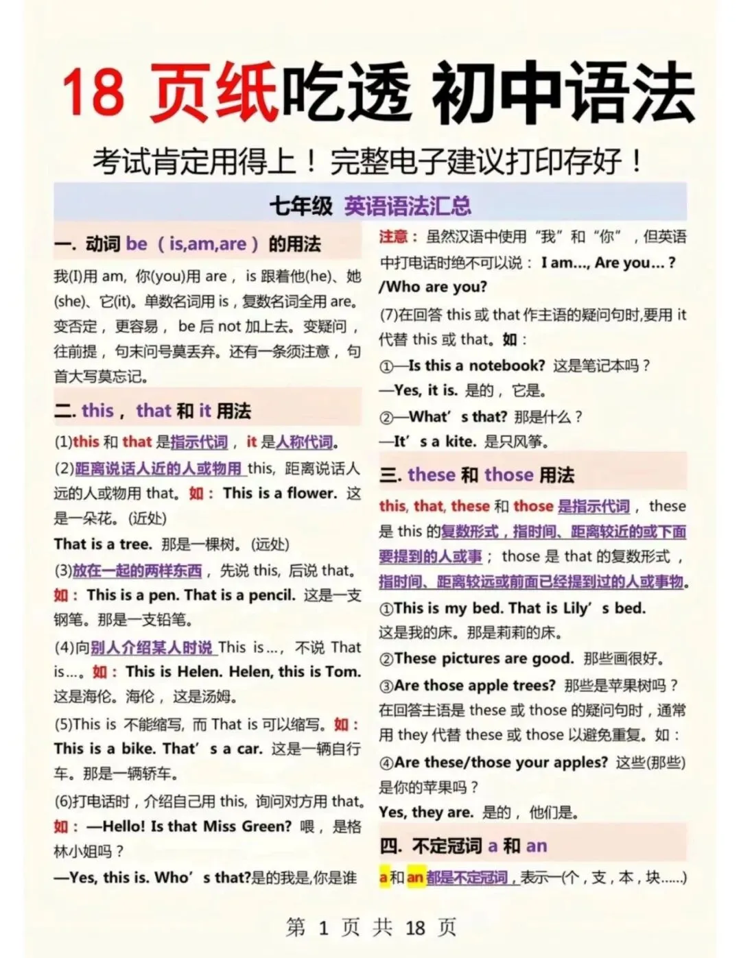 中考英语7-9年级语法汇总,18页吃透初中语法,完整电子版可打印. 第2张