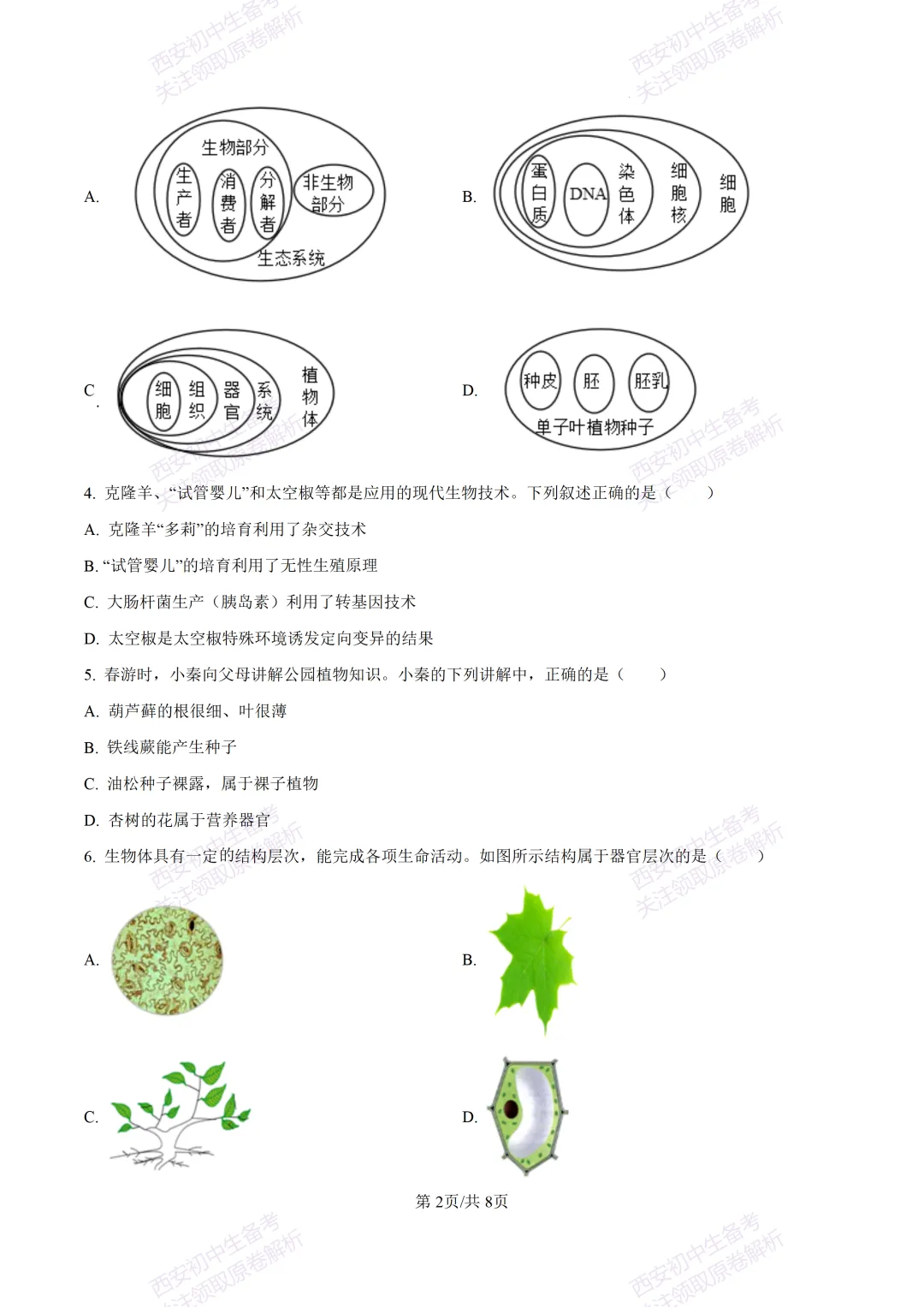 生物复习真题!西安2025中考模拟【高新一中】八年级四模考试,生物试题,试卷+完整版答案,免费下载! 第8张