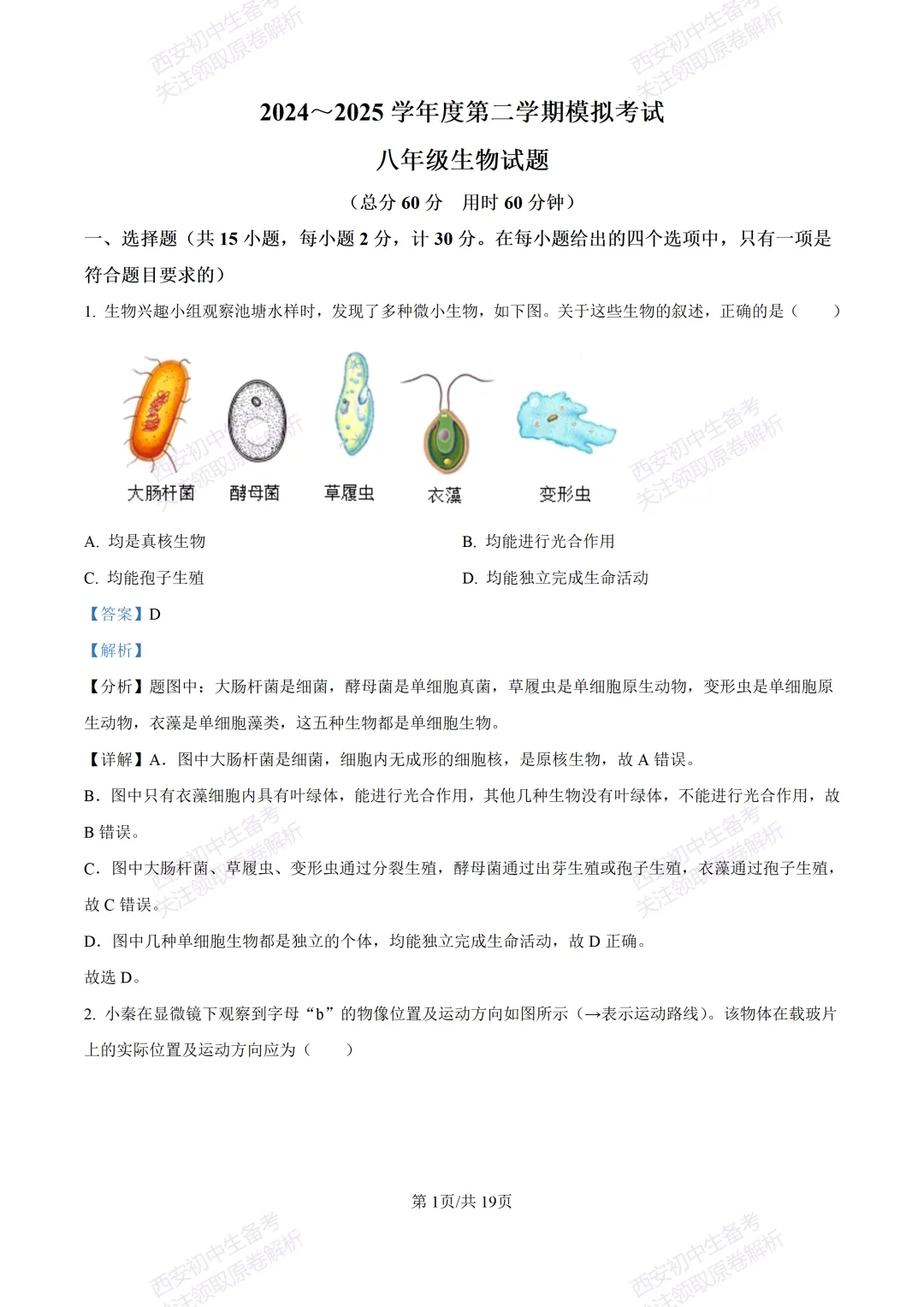 生物复习真题!西安2025中考模拟【高新一中】八年级四模考试,生物试题,试卷+完整版答案,免费下载! 第16张