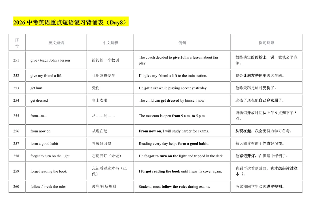 2026年中考英语重点短语复习背诵计划表(12天) 第28张