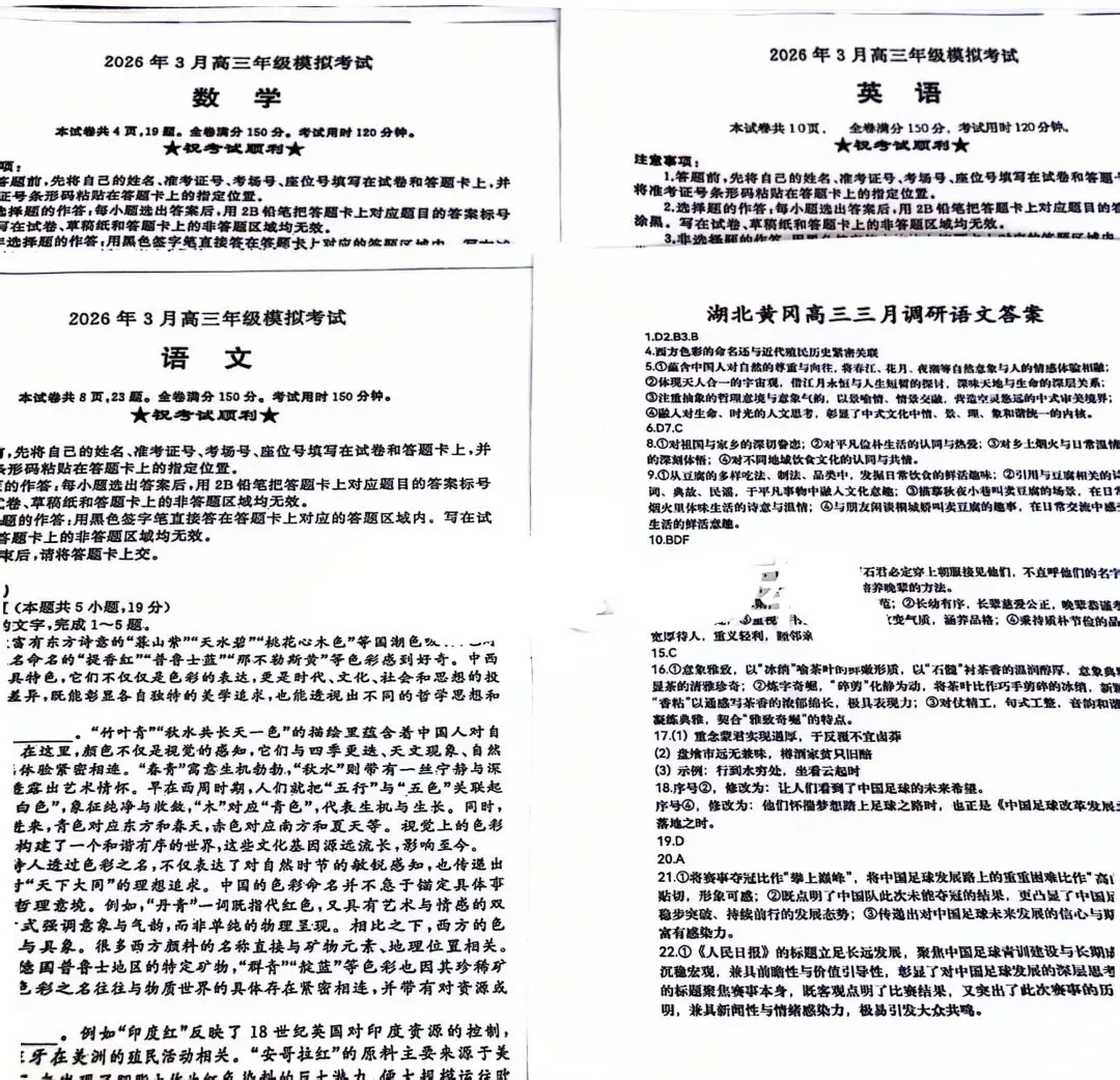 黄冈高三三月调考2026年3月高三年级模拟考试 第1张