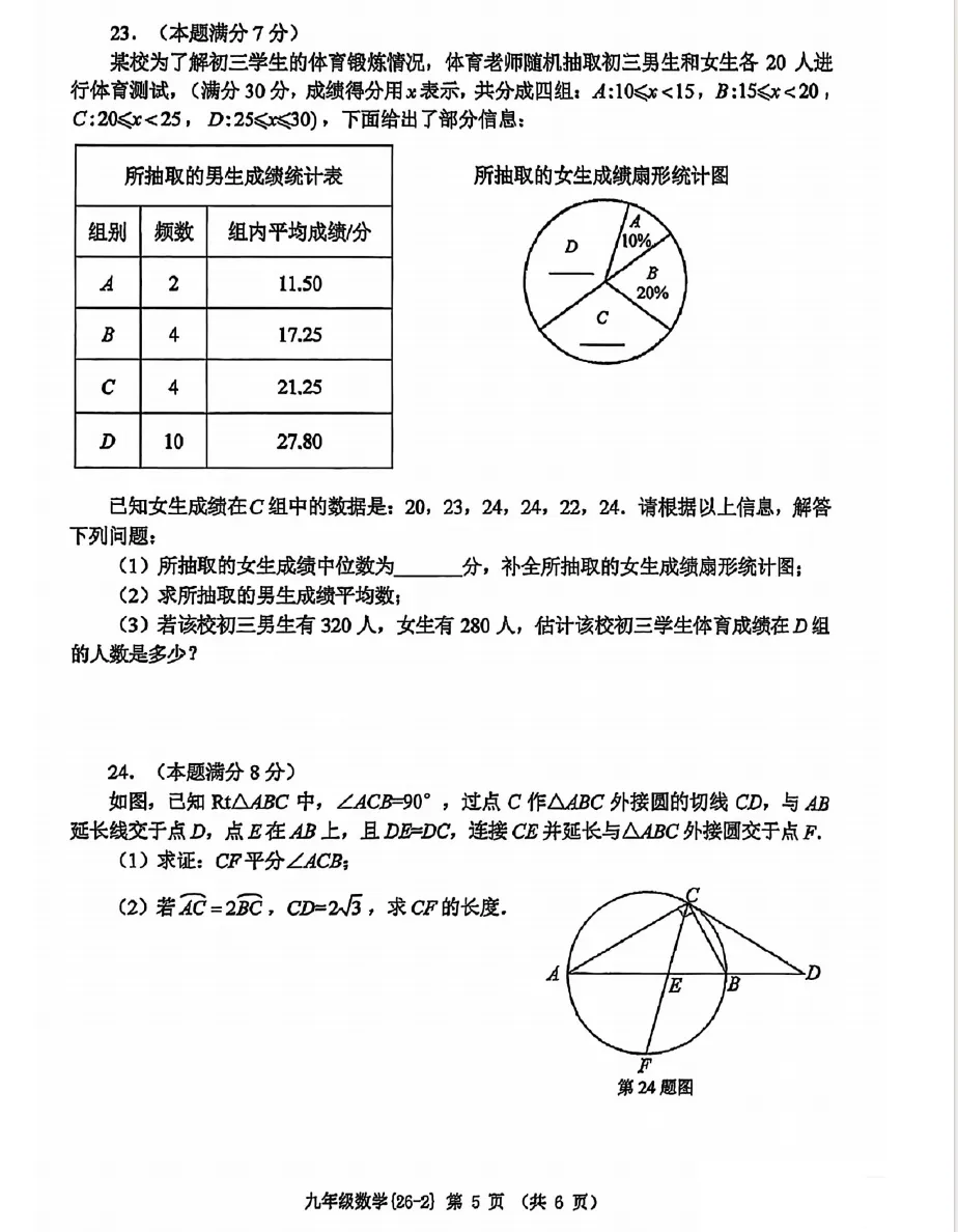 2026届陕西中考西工大附中初三第二次模拟考试数学试卷【校内原卷】 第5张